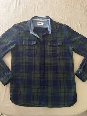 Wellen Organic Cotton Plaid Flannel Shirt Green Navy Huckberry Mens Large